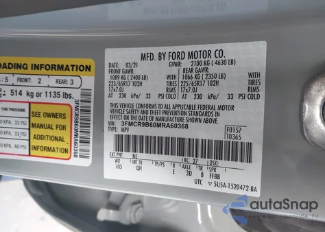 2021 Ford Bronco Sport Big Bend z USA, uszkodzony, nr VIN 3FMCR9B60MRA60368